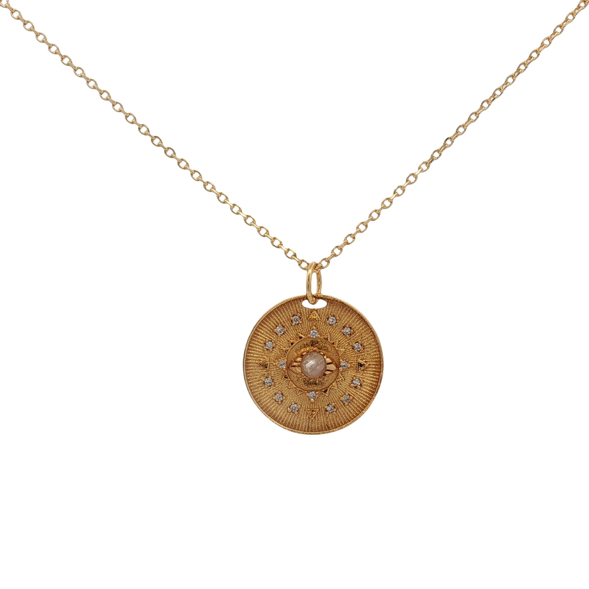 Gold necklace with eye stone and zircon medal
