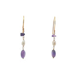 Boucles d'oreilles pendantes dorées améthyste et perle de culture