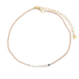 Chaine de cheville dorée perles de culture, tourmaline et perles métallisées roses