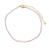 Chaine de cheville dorée en tourmaline rose, perles de culture et perles dorées