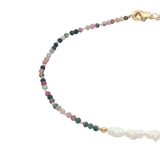 Chaine de cheville dorée en tourmaline, perles de culture et perles dorées