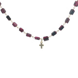 Collier doré grenat et petite croix en zircons 42 cm