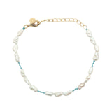 Bracelet doré alternance perles de culture et noeuds turquoise