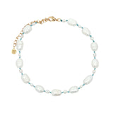 Chaine de cheville dorée petites et grandes perles de culture fil turquoise