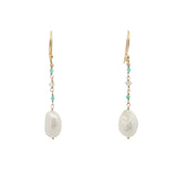 Boucles d'oreilles pendantes dorées perle de culture, onyx verte et prehnite