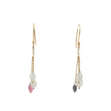 Boucles d'oreilles pendantes dorées pierre de lune, quartz rose et tourmaline