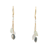 Boucles d'oreilles pendantes dorées 3 chainettes prehnite, quartz rose et quartz fumé