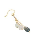 Boucles d'oreilles pendantes dorées 3 chainettes prehnite, quartz rose et quartz fumé