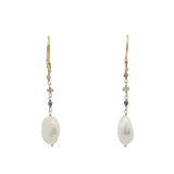 Boucles d'oreilles pendantes dorées perle de culture et tourmaline