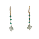 boucles d'oreilles pendantes dorées onyx verte et trèfle prehnite
