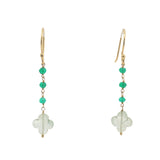 boucles d'oreilles pendantes dorées onyx verte et trèfle prehnite
