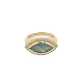 Bague chevalière dorée oeil en labradorite et zircons