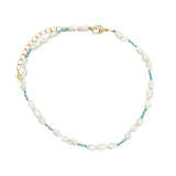 Chaine de cheville dorée alternance perles de culture et noeuds turquoise
