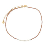 Chaine de cheville dorée perles de culture, tourmaline et perles métallisées mordorées