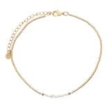 Chaine de cheville dorée perles de culture, tourmaline et perles métallisées dorées