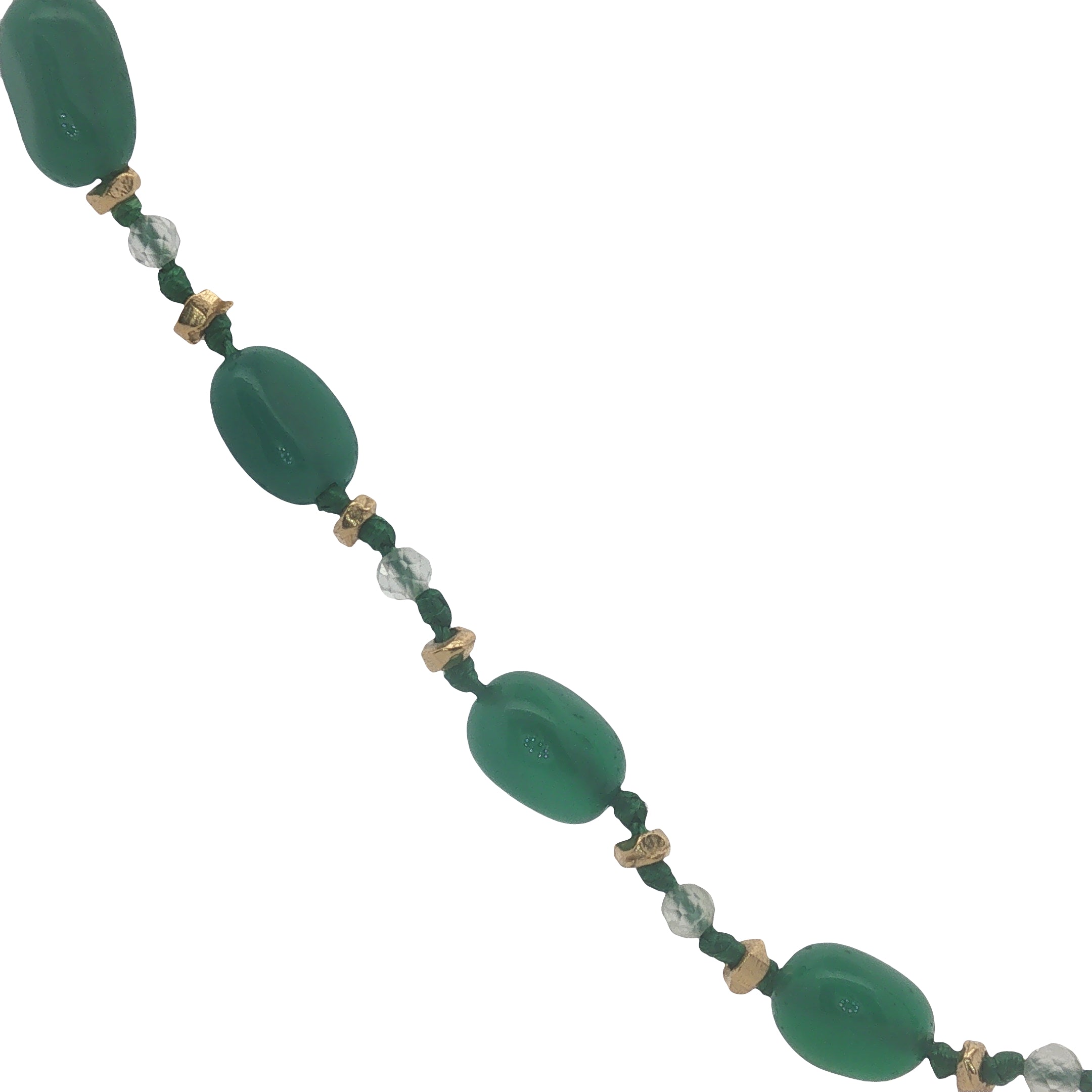 Collier doré onyx verte, perles dorées et noeuds verts 50 cm