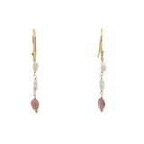 Boucles d'oreilles pendantes dorées duo perle de culture et tourmaline