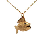 Gold fish necklace with articulated tail and zircons