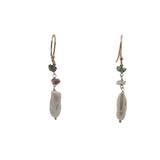 Boucles d'oreilles pendantes dorées perle de culture longue et tourmaline