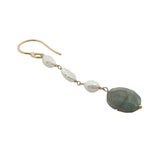Boucles d'oreilles pendantes dorées trio perle de culture et labradorite
