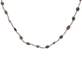 Collier doré multi tourmaline, grenat, perles dorées et noeuds roses 50 cm