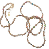 Collier doré perles en bois, perles colorées et noeuds beige 75 cm