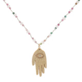 Collier main de Fatma dorée tourmaline et quartz rose 60 cm