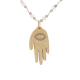 Collier main de Fatma dorée tourmaline et quartz rose 60 cm