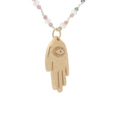 Collier main de Fatma dorée tourmaline et quartz rose 60 cm