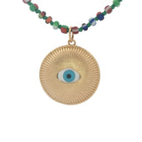 Collier doré médaille oeil en nacre perles multicolores 50 cm