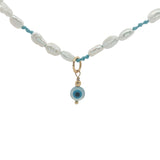 Collier doré alternance de perles de culture et noeuds turquoise oeil nacre 50 cm