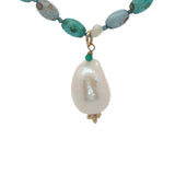 Collier doré multi turquoise et perles de culture 75 cm