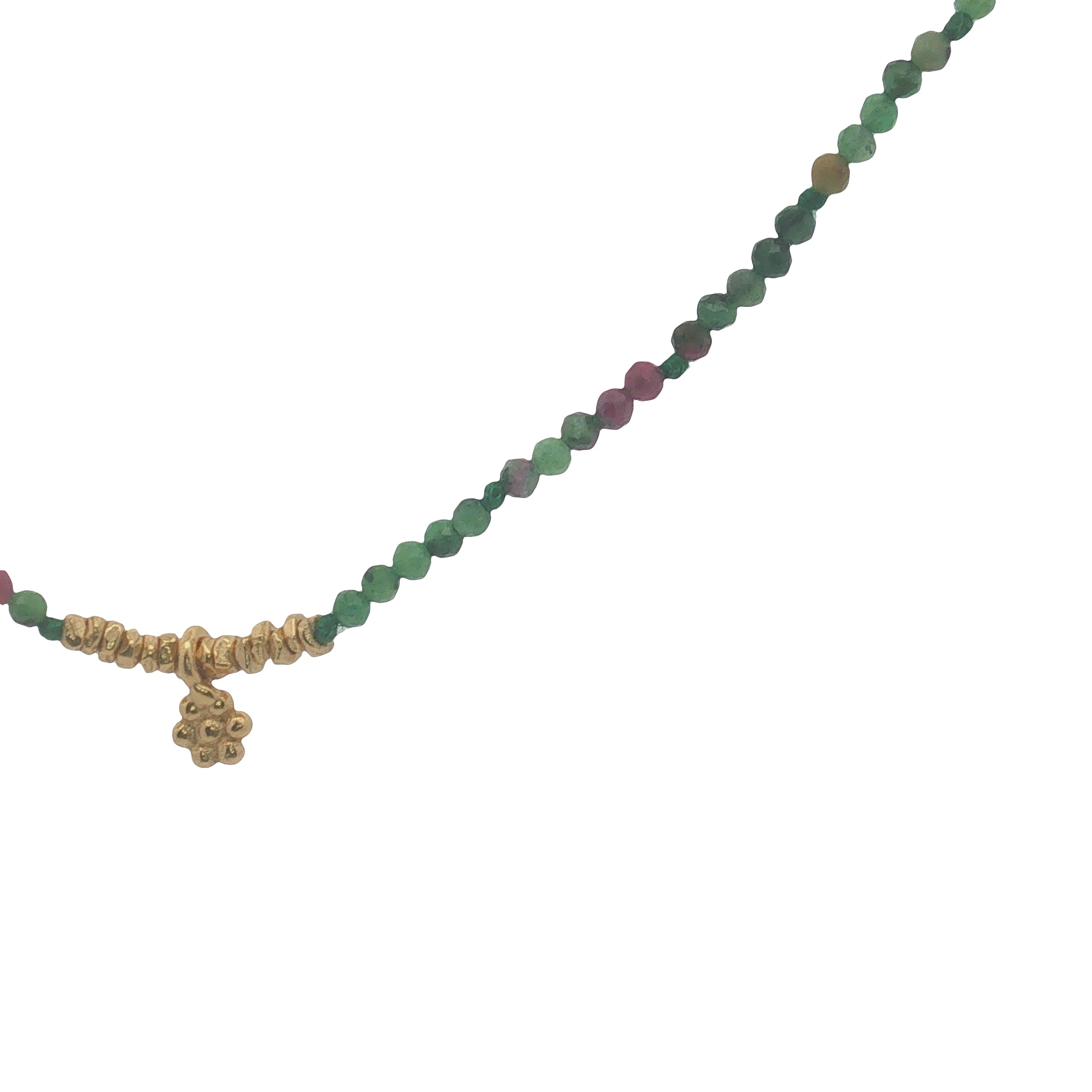 Collier doré rubis zoisite, pampille fleur et perles dorées 38 cm