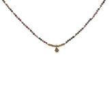 Collier doré tourmaline, pampille fleur et perles dorées 38 cm