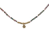 Collier doré tourmaline, pampille fleur et perles dorées 38 cm