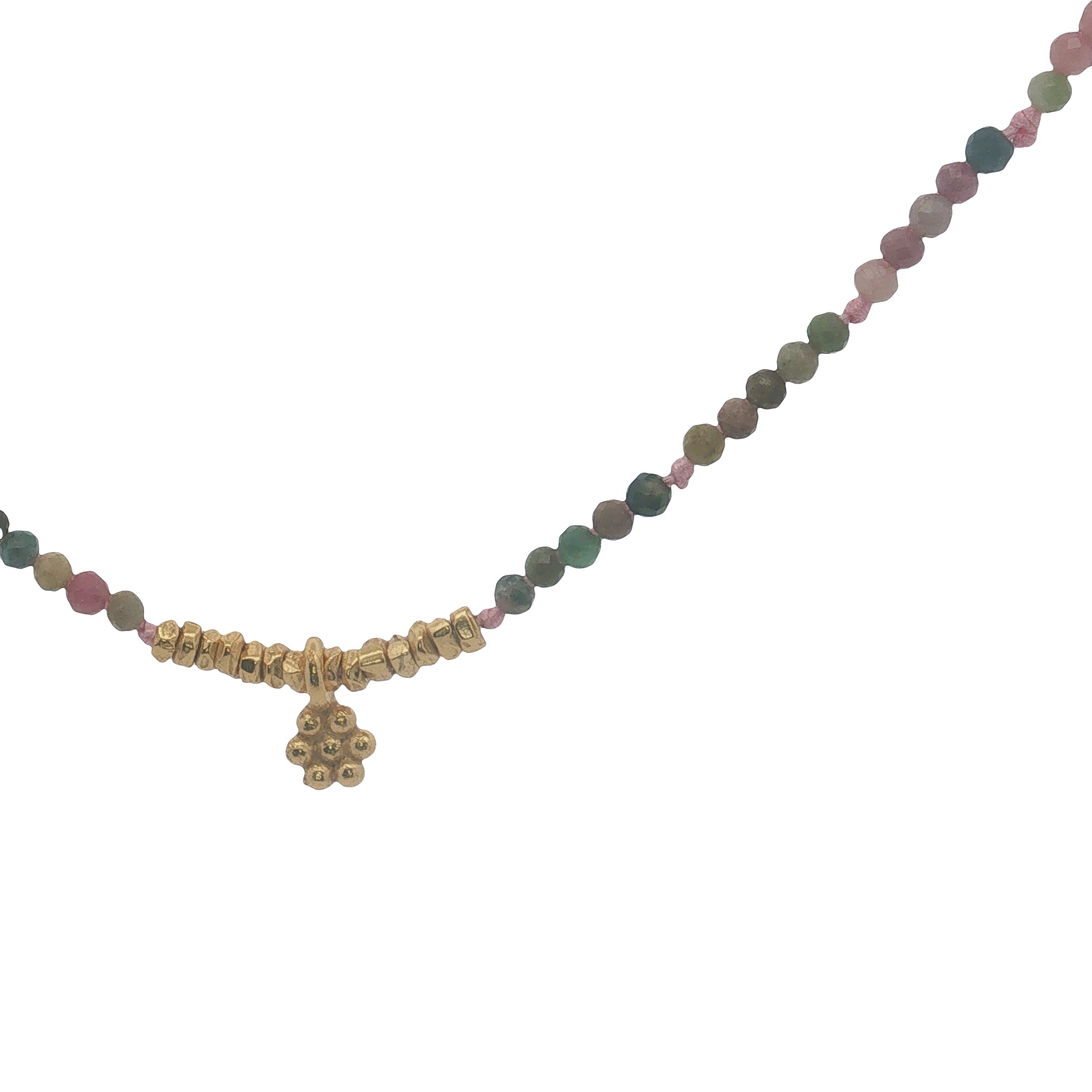 Collier doré tourmaline, pampille fleur et perles dorées 38 cm