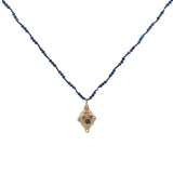 Collier doré amulette lapis lazulis, turquoise et perle de culture 60 cm