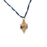 Collier doré amulette lapis lazulis, turquoise et perle de culture 60 cm