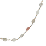 Collier doré alternance pierre de lune, labradorite, perle dorées et noeuds blancs 50 cm