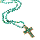 Collier doré mix perles vertes croix onyx verte 75 cm