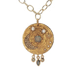 Collier doré médaillon astres avec labradorite et zircons avec pampilles 50 cm