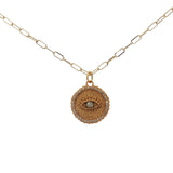 Collier doré médaille avec zircons et oeil en prehnite 42 cm