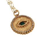 Collier doré médaille texturée oeil onyx verte 42 cm