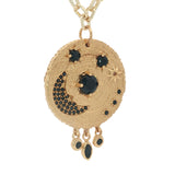 Collier doré médaillon astres en onyx noire et zircons avec pampilles 60 cm