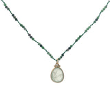 Collier doré prehnite ovale avec boules dorées rubis zoisite 60 cm