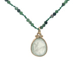 Collier doré prehnite ovale avec boules dorées rubis zoisite 60 cm