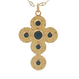 Collier doré croix martelée angles arrondis avec onyx noire 75 cm