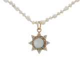 Collier doré soleil pierre de lune et zircons perles de culture 50 cm