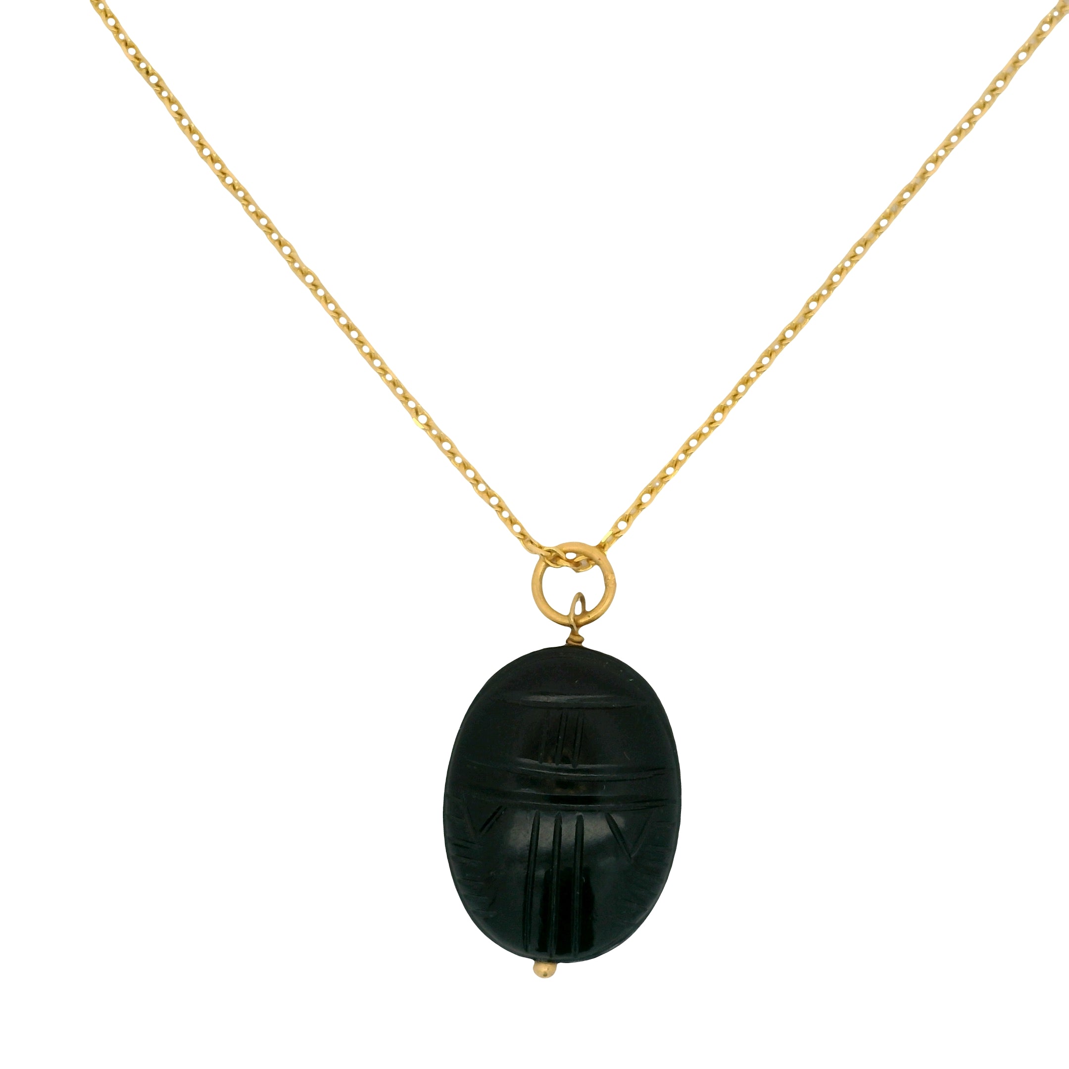 Golden necklace with large scarab stone