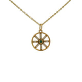 Collier doré médaille rayons zircons blancs et oeil onyx verte 42 cm